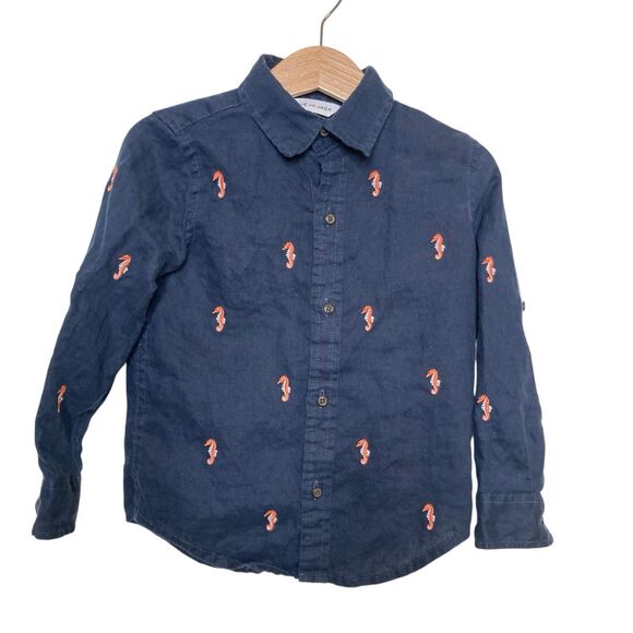 Janie and Jack Other - Janie & Jack Boy's Shirt 3 Blue Linen Embroidered Sea Horse Coastal Beach Preppy